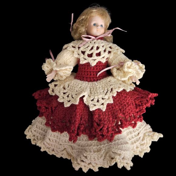 Wang’s International 1991 Porcelain Doll in Handmade Red & Cream Crochet Dress - Picture 1 of 8